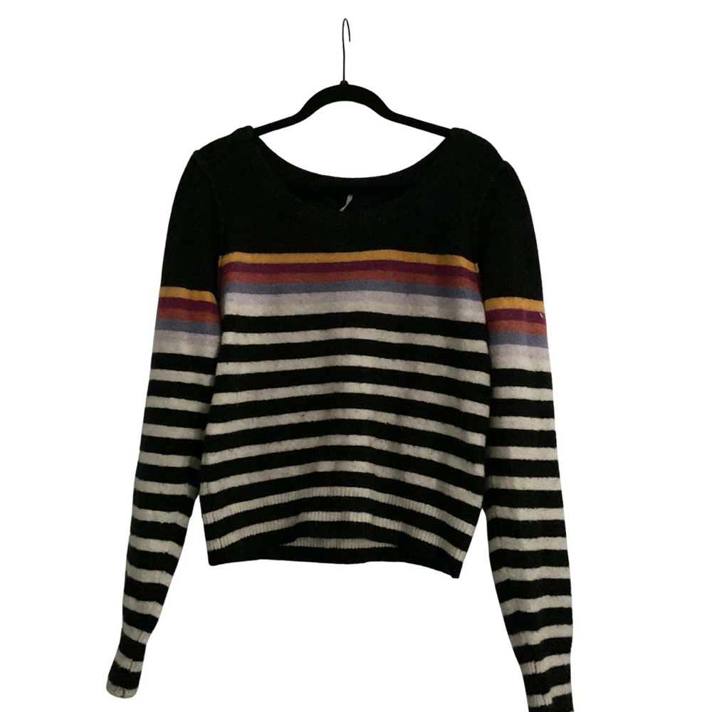 Free People Striped Crew Neck Sweater - Black, White, Purple, Red, Yellow